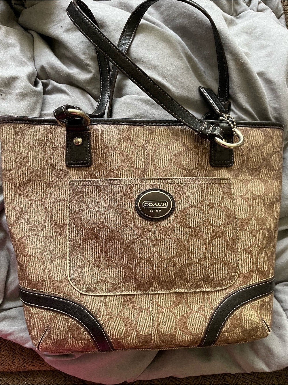 Coach Khaki and Brown Signature Coated Canvas Tote with Leather Trim